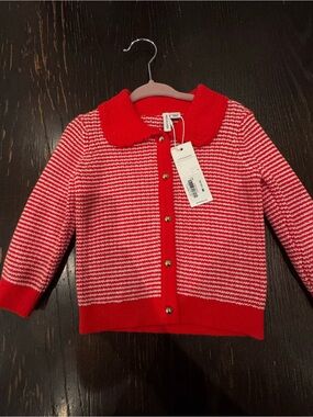 Janie and Jack Red and White Striped Collared Cardigan